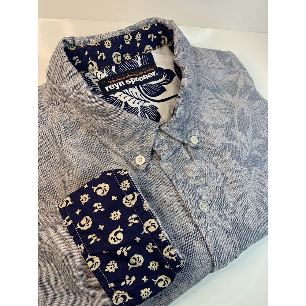 Reyn Spooner Hawaiian Shirt Men's XXL Gray Floral Shadow Long Sleeve Button Down